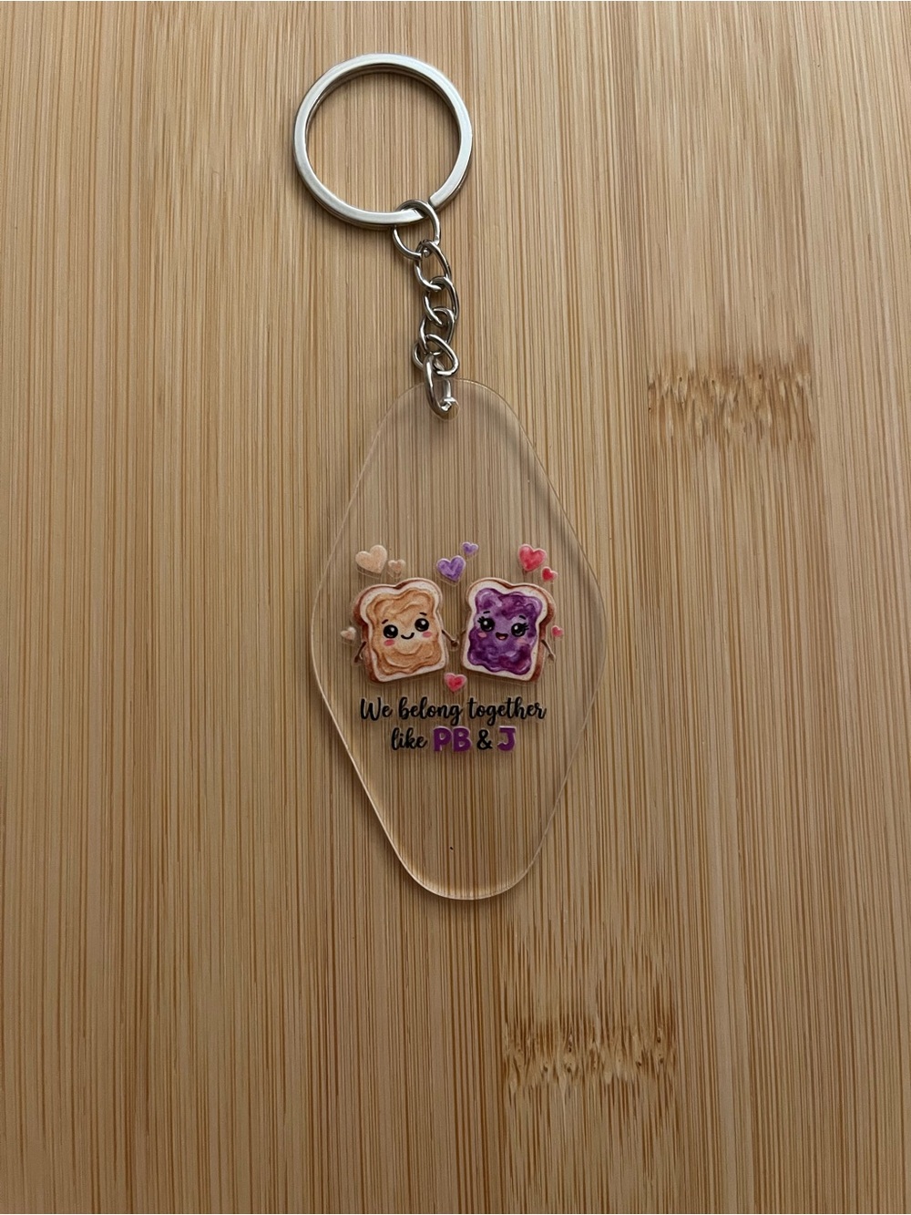 Clear Acrylic Keychain with Pink & Purple PB&J Design
